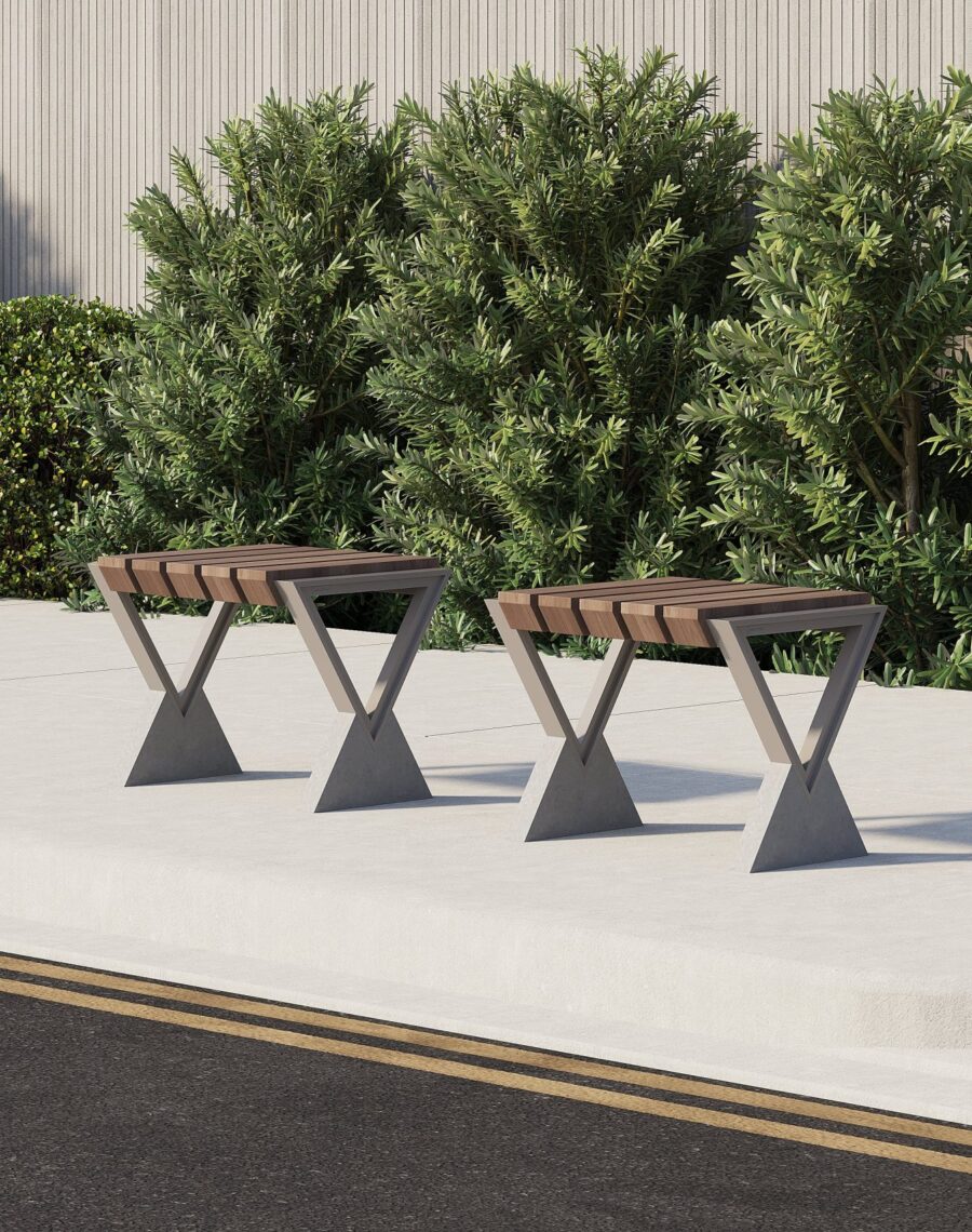 Arbat modern outdoor bench with wooden seat, metal armrests, and concrete base